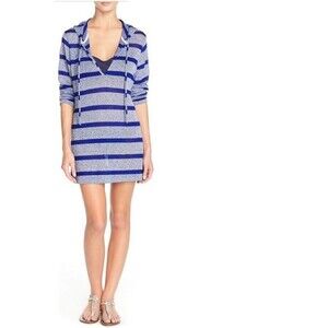La Blanca High Tides Slouchy Hooded Sweater Swim Cover-Up Tunic Blue Stripe Sz S